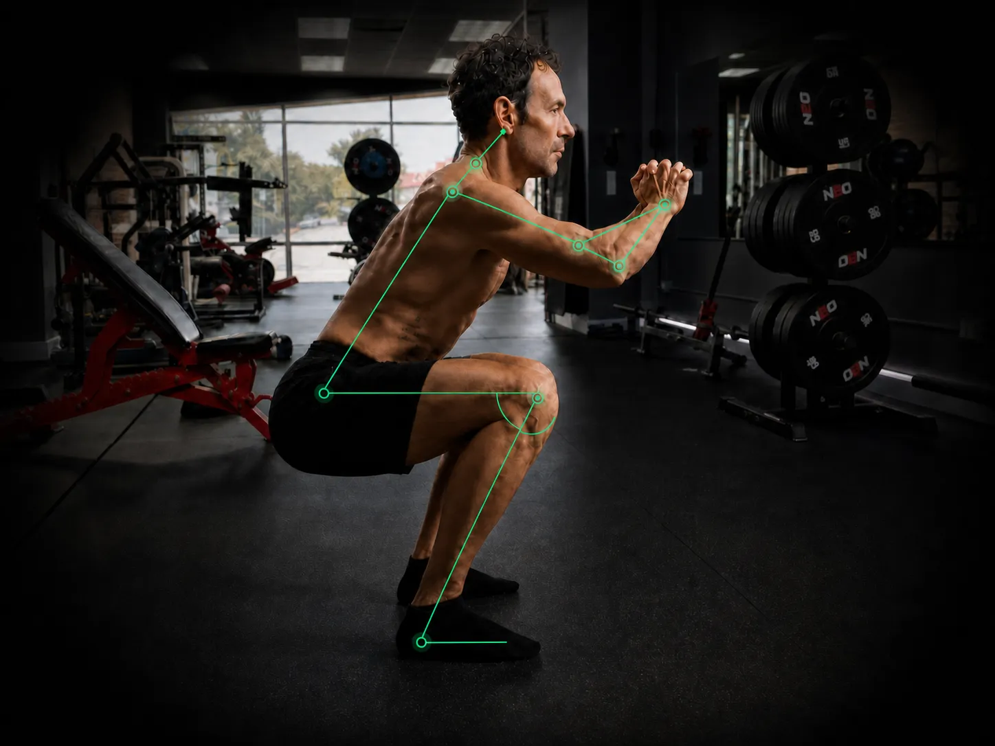 Athlete performing a squat with green joint-position analysis vectors